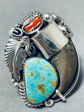Colossal Native American Navajo Bear Turquoise Coral Sterling Silver Ring-Nativo Arts