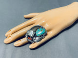 Colossal Native American Navajo Bear Turquoise Coral Sterling Silver Ring-Nativo Arts