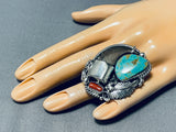 Colossal Native American Navajo Bear Turquoise Coral Sterling Silver Ring-Nativo Arts