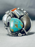 Colossal Native American Navajo Bear Turquoise Coral Sterling Silver Ring-Nativo Arts