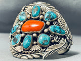 Colossal Vintage Museum Native American Navajo Turquoise Coral Sterling Silver Bracelet-Nativo Arts