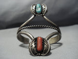 Colossal Vintage Native American Jewelry Navajo Turquoise Coral Sterling Silver Bracelet-Nativo Arts