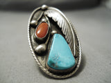 Colossal Vintage Native American Navajo Carico Lake Turquoise Coral Sterling Silver Ring-Nativo Arts