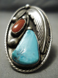 Colossal Vintage Native American Navajo Carico Lake Turquoise Coral Sterling Silver Ring-Nativo Arts