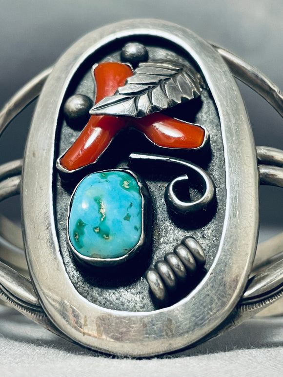Colossal Vintage Native American Navajo Turquoise Coral Sterling Silver Bracelet-Nativo Arts