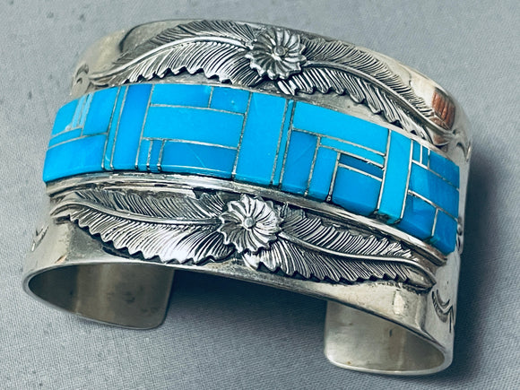 Colossal Vintage Native American Navajo Turquoise Leaf Inlay Sterling Silver Bracelet-Nativo Arts