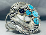 Colossal Vintage Native American Navajo Turquoise Leaf Sterling Silver Bracelet Old-Nativo Arts