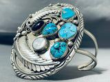Colossal Vintage Native American Navajo Turquoise Leaf Sterling Silver Bracelet Old-Nativo Arts