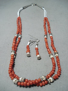 Custom Native American Navajo Coral White Heishi Sterling Silver Necklace And Earring Set-Nativo Arts