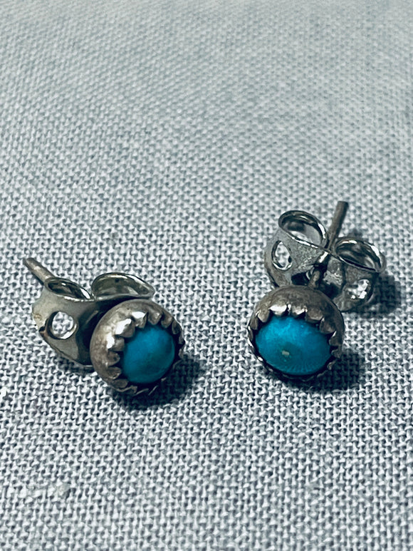 Cute And Petite Vintage Native American Navajo Turquoise Sterling Silver Earrings-Nativo Arts