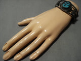 Dark Old Patina Vintage Native American Jewelry Navajo Fools Gold Turquoise Sterling Silver Bracelet Old-Nativo Arts