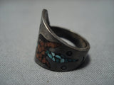 Dark Patina Vintage Native American Jewelry Navajo Turquoise Coral Waterbird Sterling Silver Ring Old-Nativo Arts