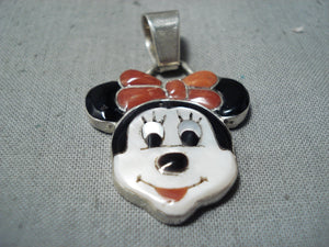 Dazzling Native American Zuni Coral Mother Of Pearl Jet Sterling Silver Minnie Mouse Pendant-Nativo Arts