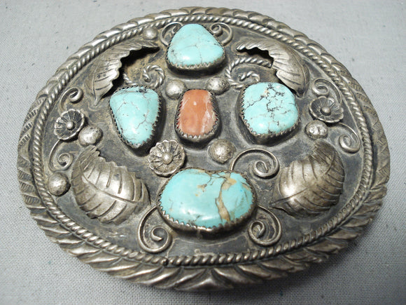 Delores Paul Vintage Native American Navajo Turquoise Coral Sterling Silver Buckle-Nativo Arts