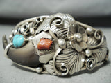 Detailed Authentic Native American Navajo Bear Turquoise Coral Sterling Silver Bracelet-Nativo Arts