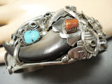 Detailed Authentic Native American Navajo Bear Turquoise Coral Sterling Silver Bracelet-Nativo Arts