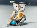 Detailed Authentic Older Vintage Native American Zuni Turquoise Owl Sterling Silver Ring-Nativo Arts