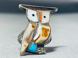 Detailed Authentic Older Vintage Native American Zuni Turquoise Owl Sterling Silver Ring-Nativo Arts