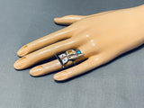 Detailed Authentic Older Vintage Native American Zuni Turquoise Owl Sterling Silver Ring-Nativo Arts