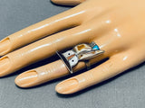 Detailed Authentic Older Vintage Native American Zuni Turquoise Owl Sterling Silver Ring-Nativo Arts
