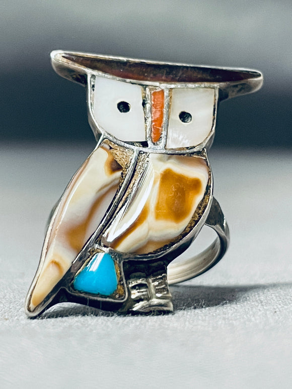 Detailed Authentic Older Vintage Native American Zuni Turquoise Owl Sterling Silver Ring-Nativo Arts