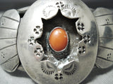 Detailed Flanks Vintage Native American Navajo Coral Sterling Silver Bracelet Old-Nativo Arts