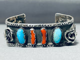 Detailed Flower Vintage Native American Navajo Turquoise Coral Sterling Silver Bracelet-Nativo Arts