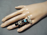 Detailed Native American Zuni Turquoise Mickey Mouse Sterling Silver Ring-Nativo Arts
