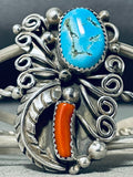 Detailed Swirls Vintage Native American Navajo Turquoise Coral Sterling Silver Bracelet-Nativo Arts