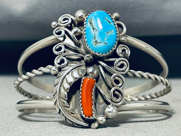 Detailed Swirls Vintage Native American Navajo Turquoise Coral Sterling Silver Bracelet-Nativo Arts