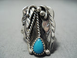 Detailed Vintage Native American Navajo Blue Gem Turquoise Sterling Silver Leaf Ring Old-Nativo Arts