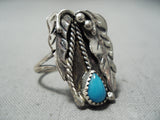 Detailed Vintage Native American Navajo Blue Gem Turquoise Sterling Silver Leaf Ring Old-Nativo Arts