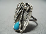 Detailed Vintage Native American Navajo Blue Gem Turquoise Sterling Silver Leaf Ring Old-Nativo Arts