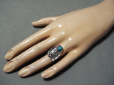 Detailed Vintage Native American Navajo Blue Gem Turquoise Sterling Silver Leaf Ring Old-Nativo Arts