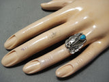 Detailed Vintage Native American Navajo Blue Gem Turquoise Sterling Silver Leaf Ring Old-Nativo Arts