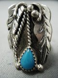 Detailed Vintage Native American Navajo Blue Gem Turquoise Sterling Silver Leaf Ring Old-Nativo Arts