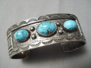 Detailed Vintage Native American Navajo Carico Lake Turquoise Sterling Silver Bracelet Old-Nativo Arts