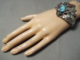 Detailed Vintage Native American Navajo Garden Of Leaves Sterling Silver Turquoise Bracelet-Nativo Arts