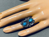 Detailed Vintage Native American Navajo Turquoise Sterling Silver Leaf Ring Old-Nativo Arts