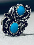 Detailed Vintage Native American Navajo Turquoise Sterling Silver Leaf Ring Old-Nativo Arts