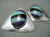 Detailed Vintage Native American Navajo Turquoise Sugulite Sterling Silver Earrings-Nativo Arts
