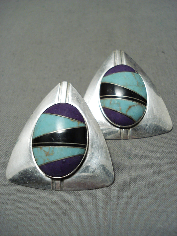 Detailed Vintage Native American Navajo Turquoise Sugulite Sterling Silver Earrings-Nativo Arts