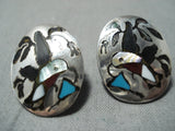 Detailed Vintage Native American Zuni Hummingbird Turquoise Sterling Silver Earrings-Nativo Arts