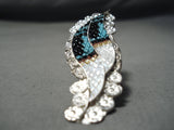 Detailed Vintage Native American Zuni Inlay Textured Turquoise Sterling Silver Ring-Nativo Arts