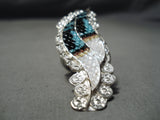 Detailed Vintage Native American Zuni Inlay Textured Turquoise Sterling Silver Ring-Nativo Arts