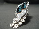 Detailed Vintage Native American Zuni Inlay Textured Turquoise Sterling Silver Ring-Nativo Arts