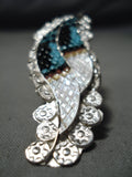 Detailed Vintage Native American Zuni Inlay Textured Turquoise Sterling Silver Ring-Nativo Arts