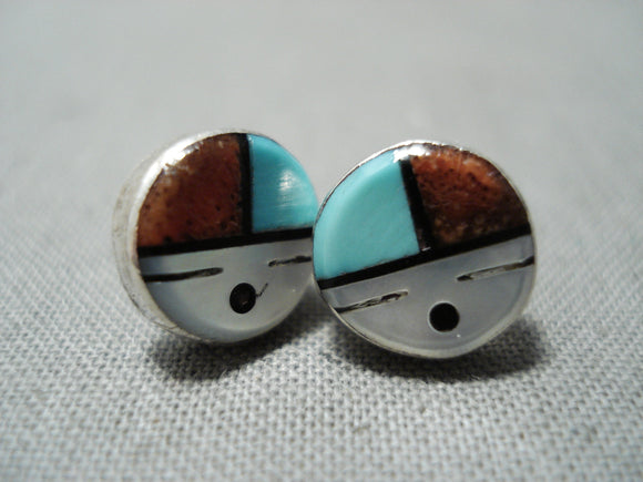Detailed Vintage Native American Zuni Turquoise Coral Inlay Sterling Silver Face Earrings-Nativo Arts
