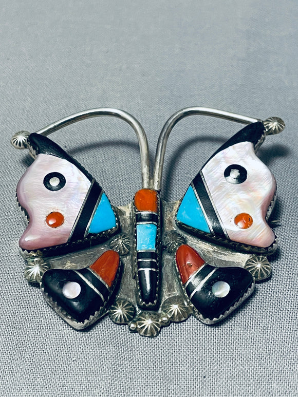Detailed Vintage Native American Zuni Turquoise Coral Sterling Silver Butterfly Pin-Nativo Arts