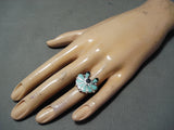 Detailed Vintage Native American Zuni Turquoise Sterling Silver Ring Old-Nativo Arts